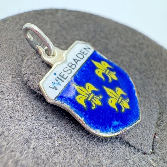 VTG 800 Silver Wiesbaden Blue White Yellow Enamel Shield Charm Size 0.75" Length - Picture 2 of 7